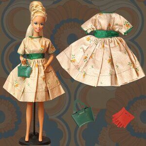 1960's Premium or Babette Barbie Clone Floral Dress w/Handbag and Accessories